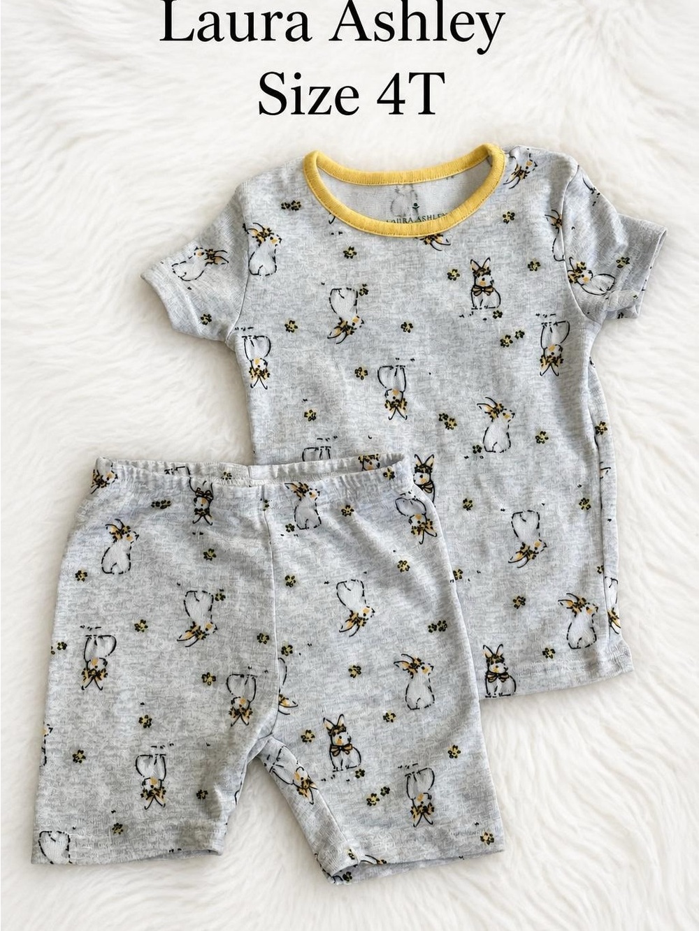 Laura Ashley Gray Bunny Print Kids Pajama Set with Yellow Trim